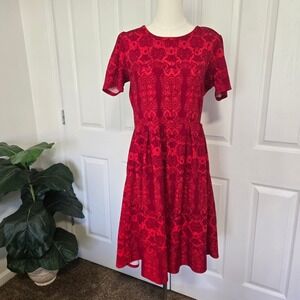 LuLaRoe Amelia Dress Women XL Red‎ Damask Geometric Short Sleeve Pleated Pockets